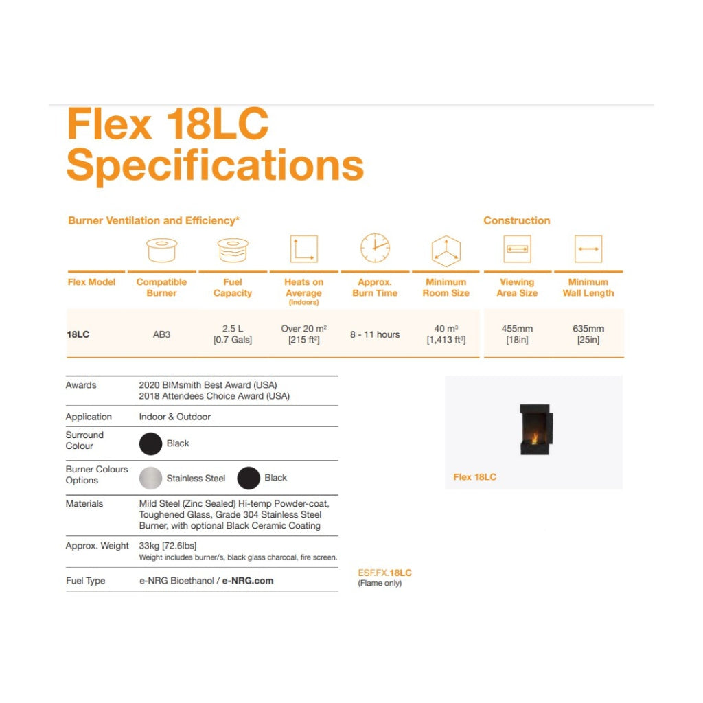 EcoSmart Fire Flex 18 specification chart showing technical data, icons, and a small image of the black fireplace.