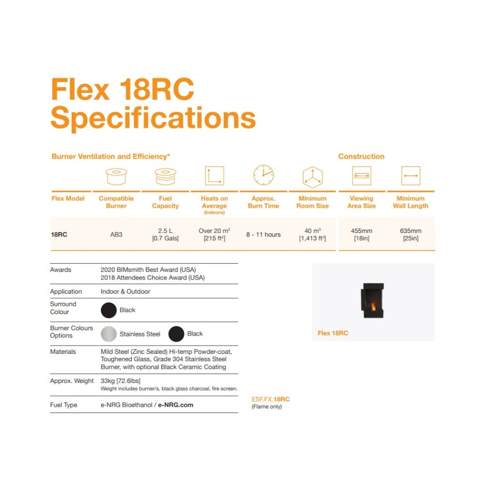 EcoSmart Fire Flex 18 specification table showing technical details, dimensions, and a small image of the black fireplace.