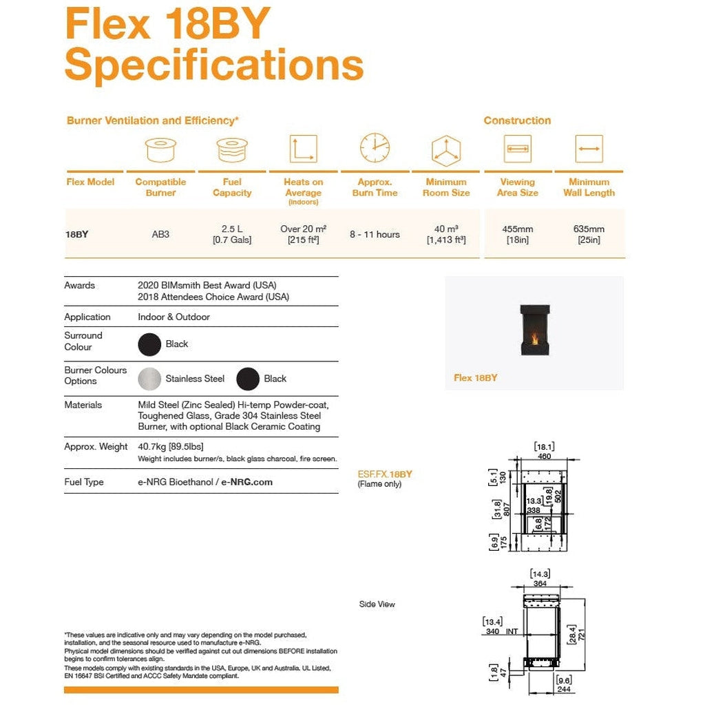 EcoSmart Fire Flex 18 specification sheet showing technical dimensions, burner details, and product diagrams.