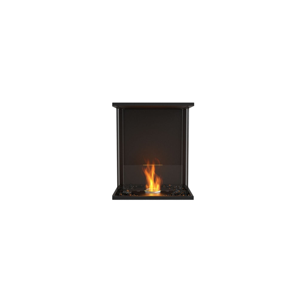 EcoSmart Fire Flex 18 bioethanol fireplace insert with a black frame, glass front, and a central flickering flame.