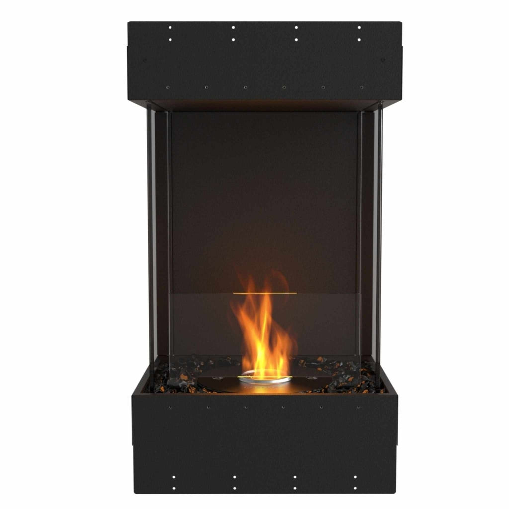 EcoSmart Fire Flex 18 bioethanol fireplace with a black metal frame, glass panels, and a central flickering flame.