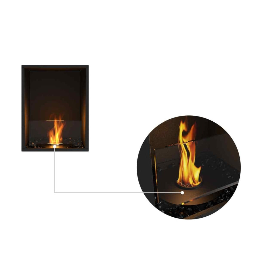 EcoSmart Fire Flex 18 bioethanol fireplace with a black frame, glass screen, and a close-up of the burning flame.