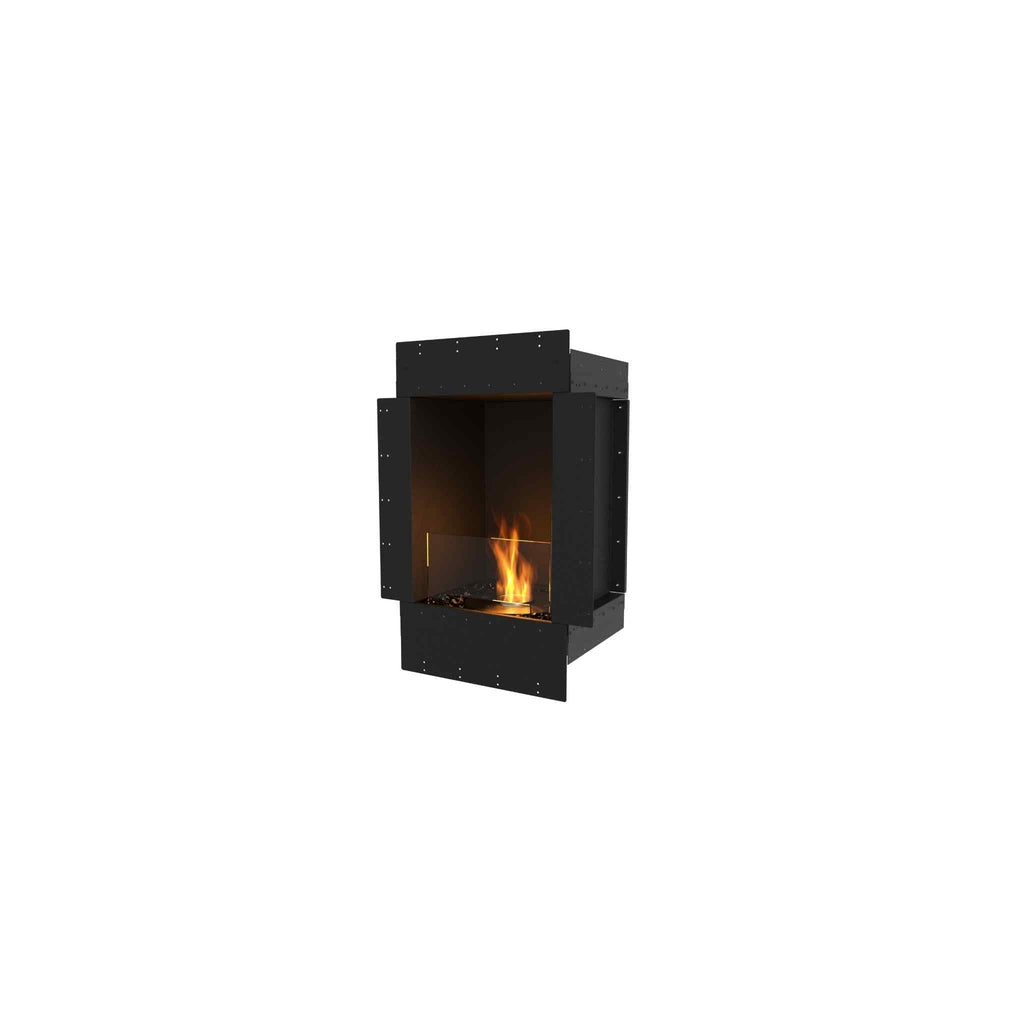 EcoSmart Fire Flex 18 bioethanol fireplace insert with a black metal frame and a glass front showing a warm flame.