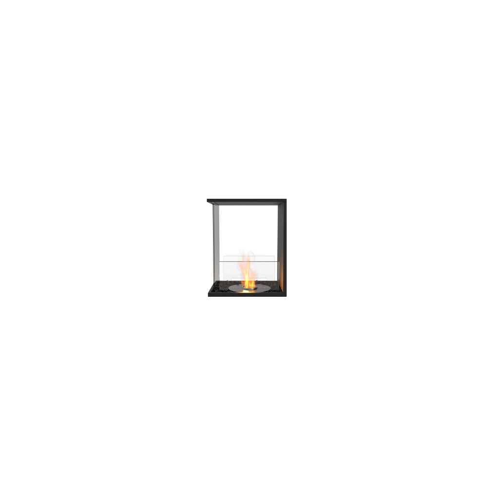 EcoSmart Fire Flex 18 bioethanol fireplace with a black frame, glass screen, and a single flickering flame.