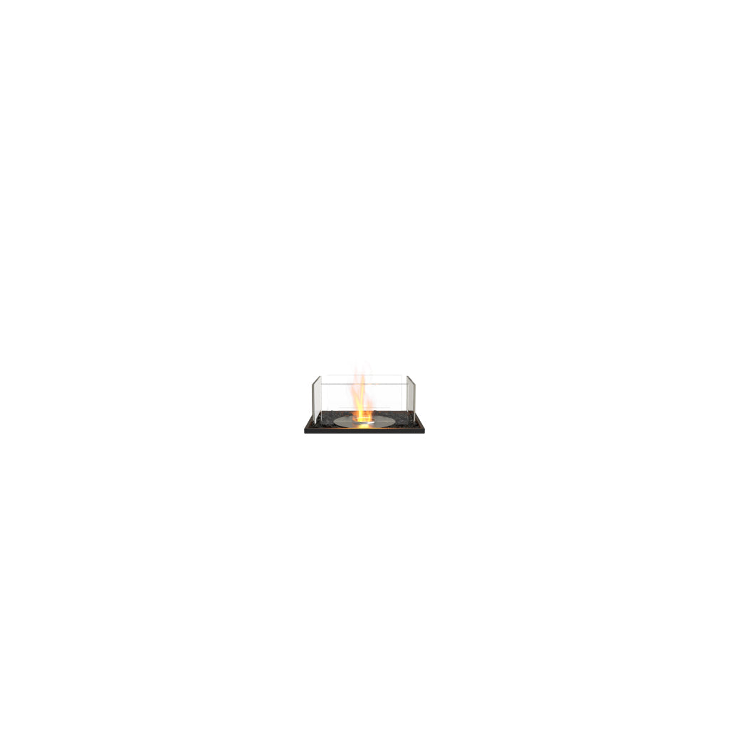 EcoSmart Fire Flex 18 bioethanol fireplace with a black base, glass surround, and a central flickering flame.