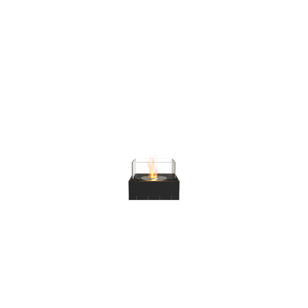 EcoSmart Fire Flex 18 bioethanol fireplace insert with a black metal base, glass screen, and central orange flame.
