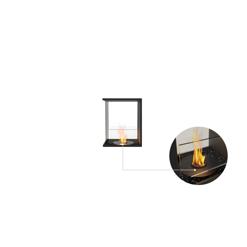 EcoSmart Fire Flex 18 bioethanol fireplace insert with black frame, glass screen, and a close-up of the burner flame.