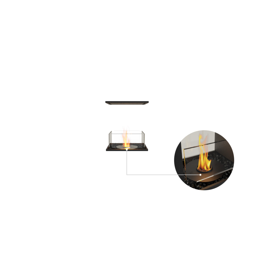 EcoSmart Fire Flex 18 bioethanol fireplace with glass sides, black base, and a zoomed-in view of the burning flame.