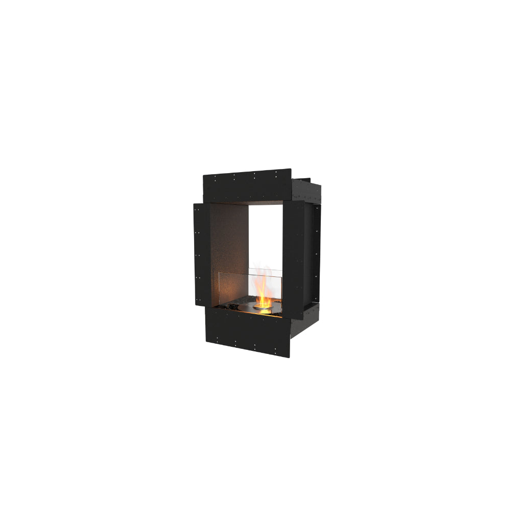 EcoSmart Fire Flex 18 bioethanol fireplace insert with a black metal frame and a central glass-enclosed flame.