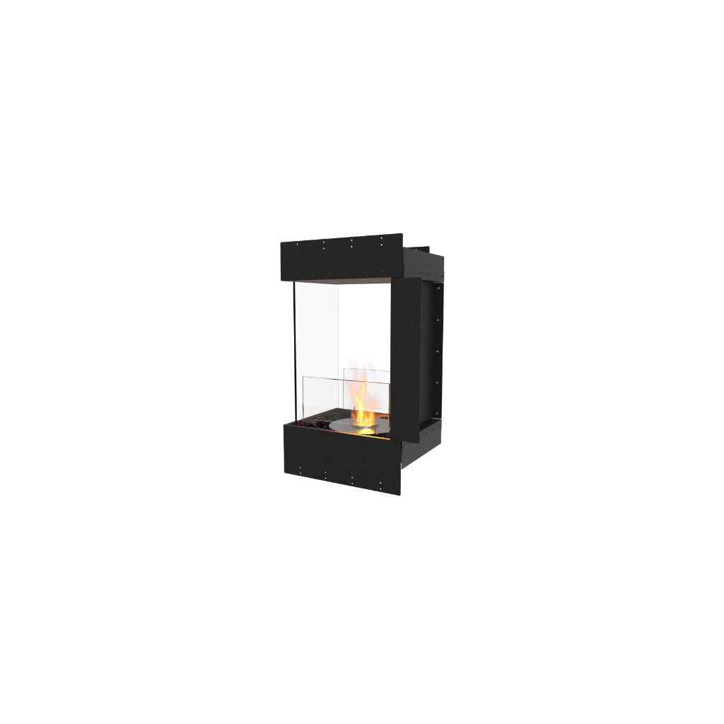 EcoSmart Fire Flex 18 bioethanol fireplace insert with a black frame, glass side panels, and a visible orange flame.