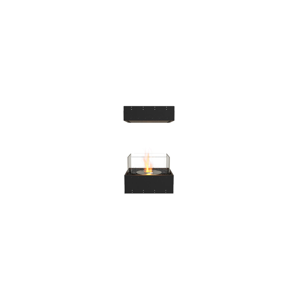 EcoSmart Fire Flex 18 bioethanol fireplace insert with a black metal frame, glass screen, and central flame.