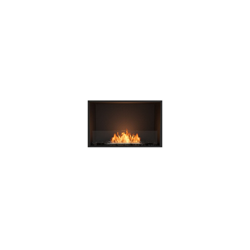 EcoSmart Fire Flex 32 bioethanol fireplace with a black rectangular frame and a clear glass screen protecting the flames.