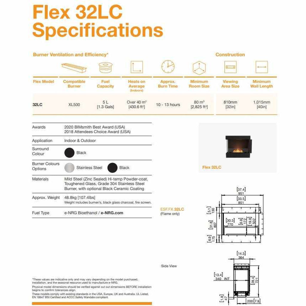 EcoSmart Fire Flex 32 specification sheet featuring technical diagrams, dimensions, and product performance data.