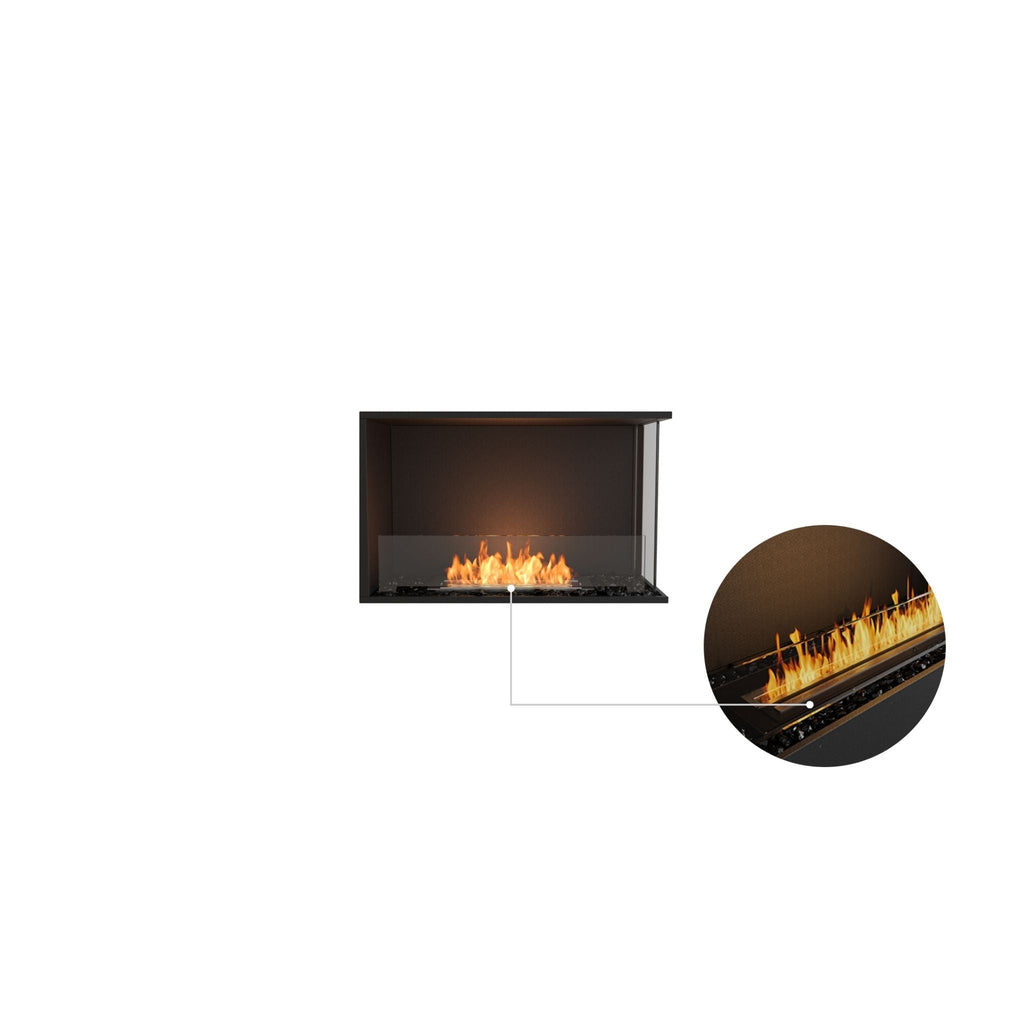 EcoSmart Fire Flex 32 bioethanol fireplace with a black frame, glass screen, and a close-up view of the burning flame.