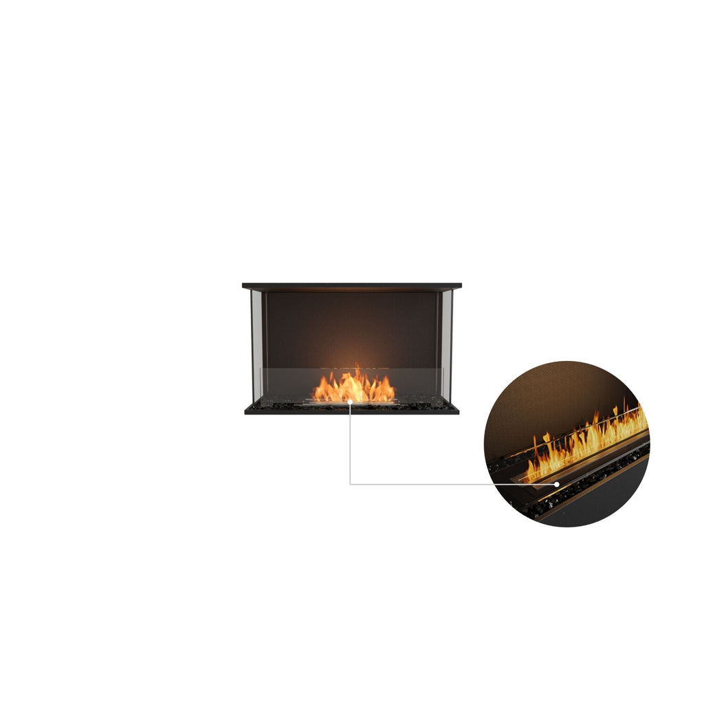 EcoSmart Fire Flex 32 bioethanol fireplace with a black frame, glass screen, and a close-up of the burning flame.