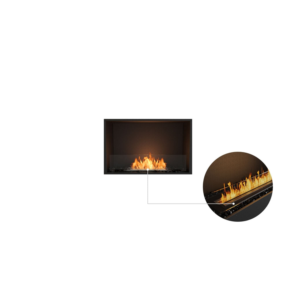 EcoSmart Fire Flex 32 bioethanol fireplace with a black frame, glass screen, and a close-up of the burner flame.