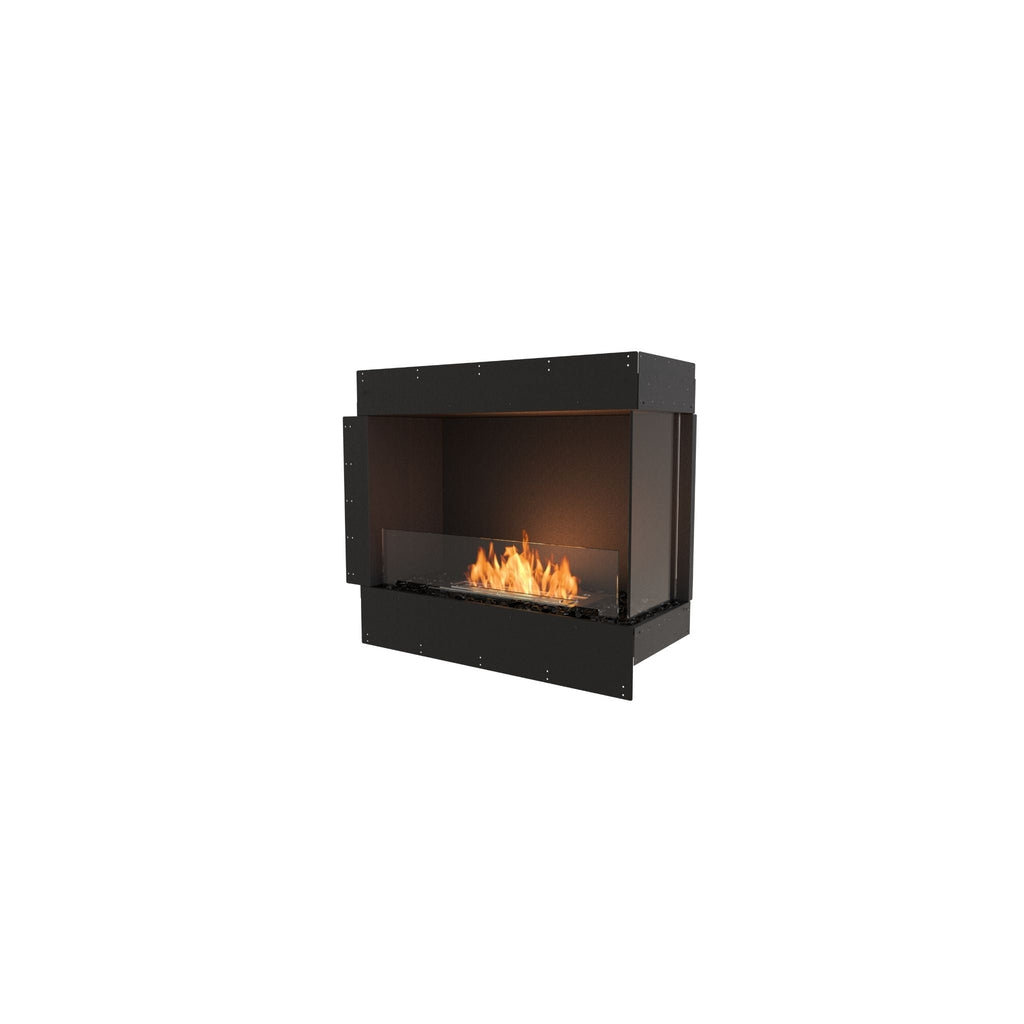 EcoSmart Fire Flex 32 bioethanol fireplace with a black steel frame and glass front showing a warm orange flame.