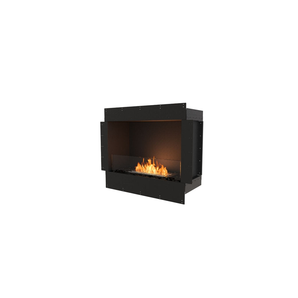 EcoSmart Fire Flex 32 bioethanol fireplace insert with a black metal frame and a glass front showing orange flames.