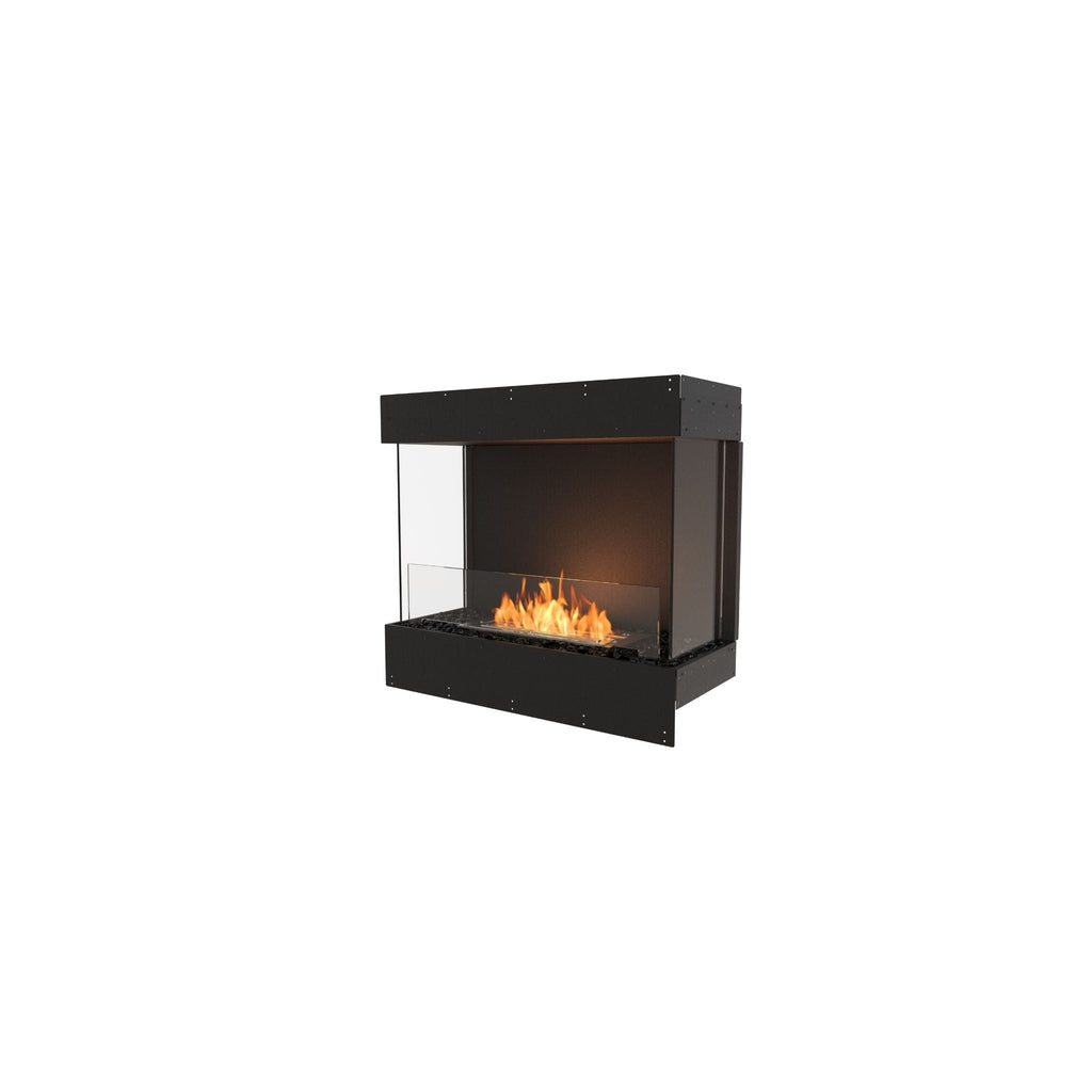 EcoSmart Fire Flex 32 bioethanol fireplace with a black frame, glass side panels, and a visible orange flame.