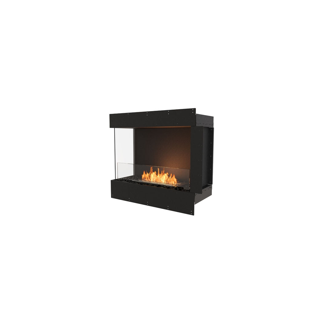 EcoSmart Fire Flex 32 bioethanol fireplace with a black frame, glass side panels, and a visible orange flame.