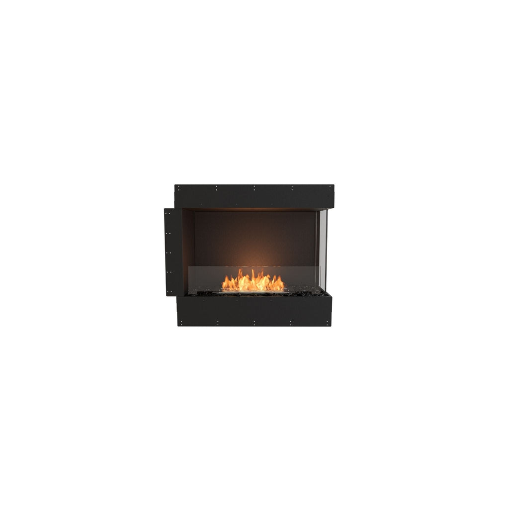 EcoSmart Fire Flex 32 bioethanol fireplace with a black frame, glass side panel, and orange flames on a white background.