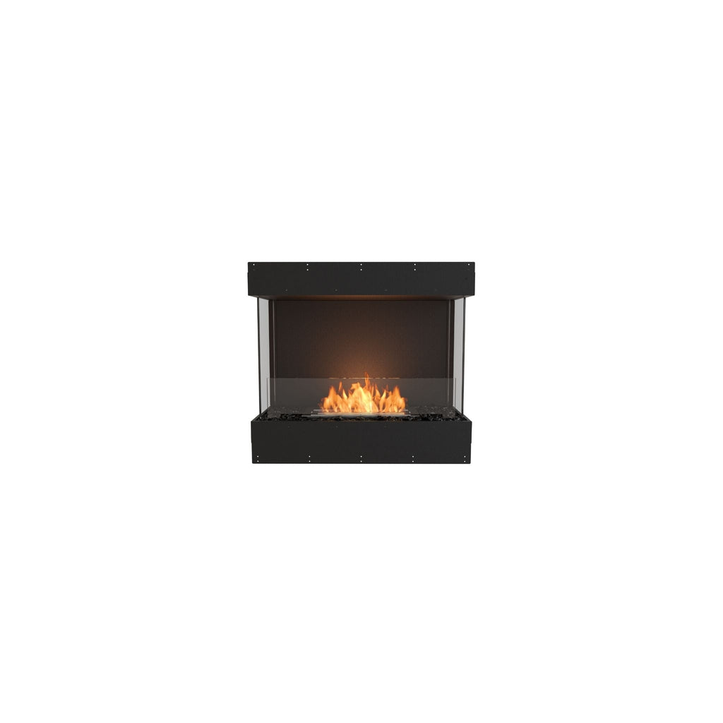 EcoSmart Fire Flex 32 bioethanol fireplace insert with a black frame, glass screen, and visible orange flames.
