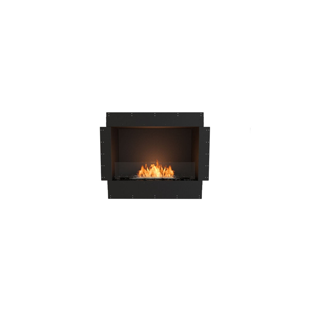 EcoSmart Fire Flex 32 bioethanol fireplace insert with a black frame and central glass-enclosed orange flame.