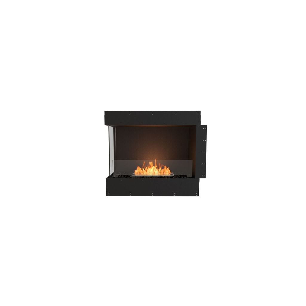 EcoSmart Fire Flex 32 bioethanol fireplace with a black frame, glass side panel, and glowing orange flames.