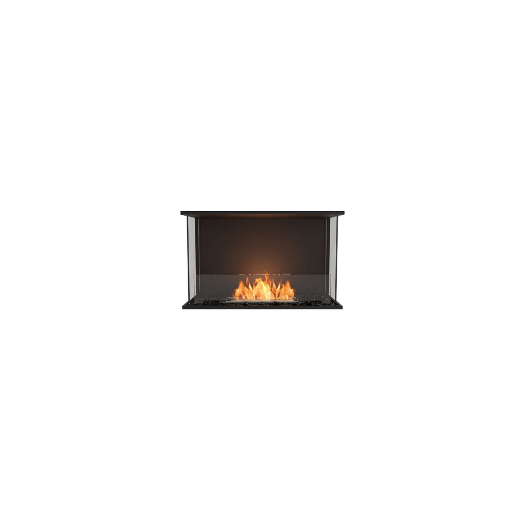 EcoSmart Fire Flex 32 bioethanol fireplace with a black frame, glass screen, and visible orange flames.