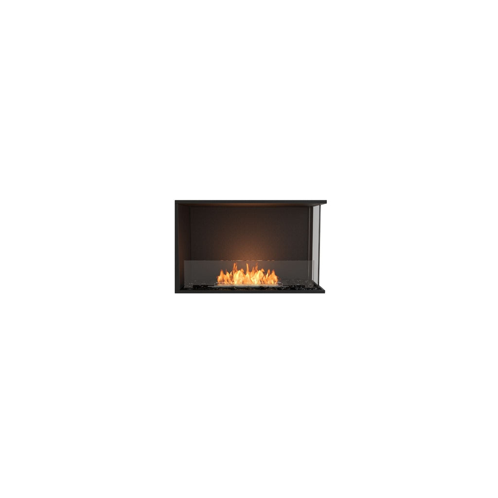 EcoSmart Fire Flex 32 bioethanol fireplace with a black frame, glass front, and visible orange flames.