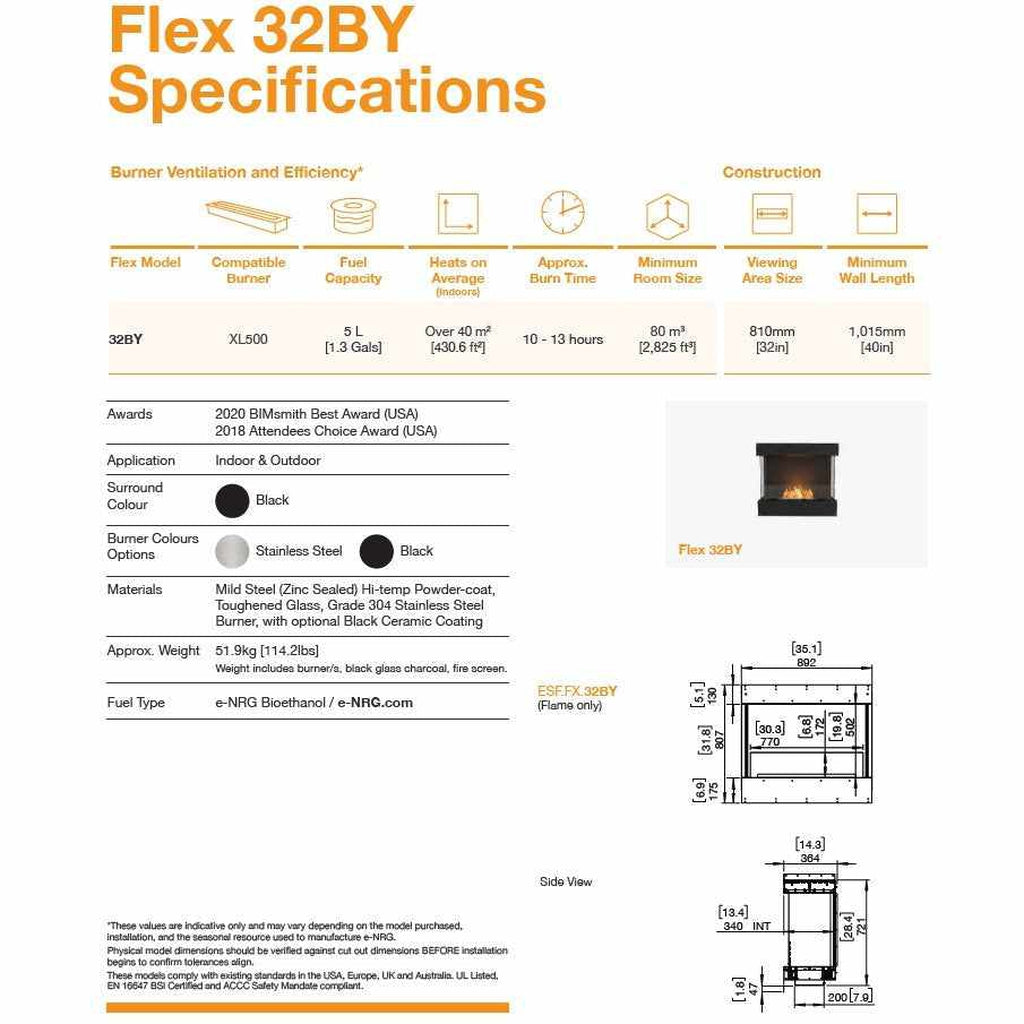 EcoSmart Fire Flex 32 bioethanol fireplace specification sheet featuring technical diagrams, dimensions, and features.