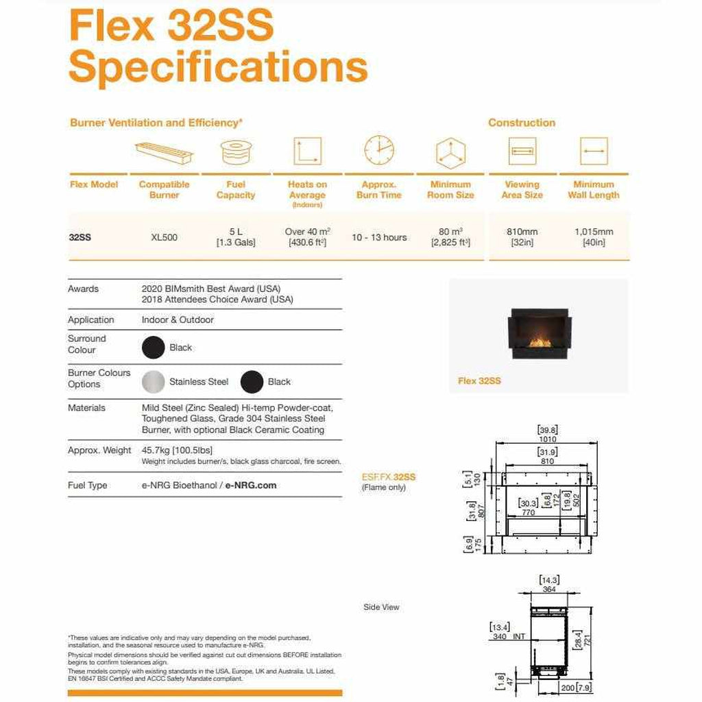 EcoSmart Fire Flex 32 specification sheet showing technical drawings, dimensions, and product features in a table.