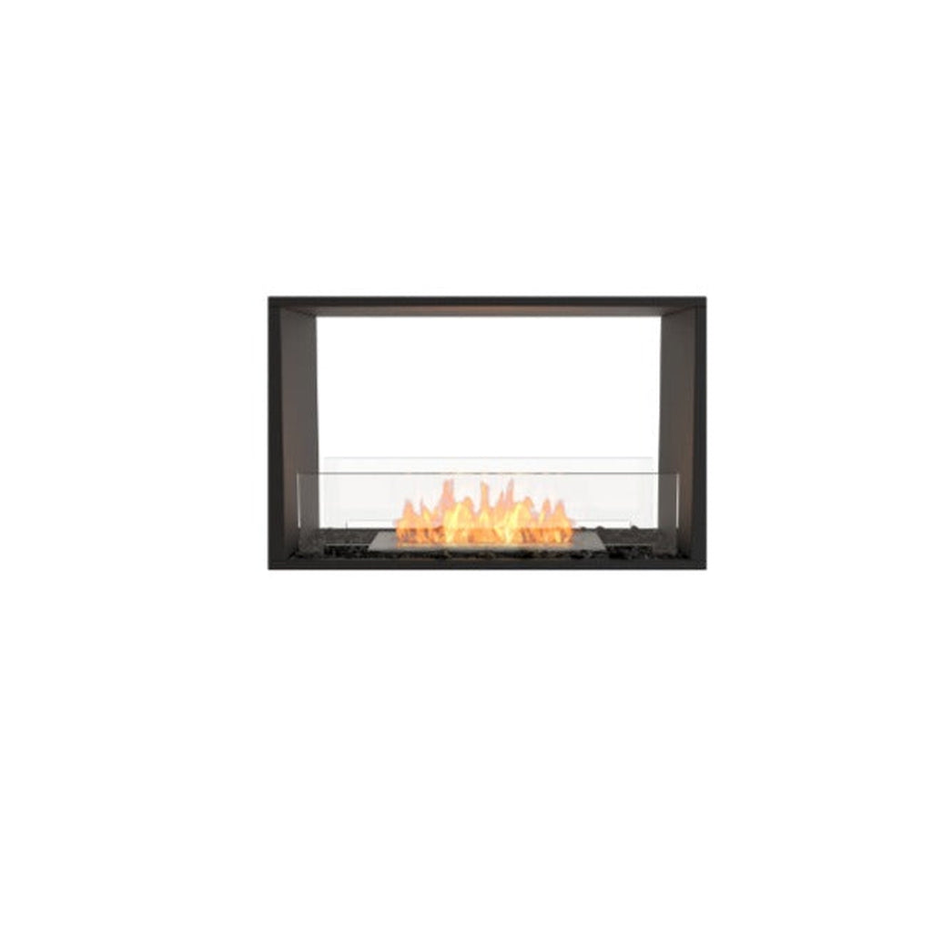 EcoSmart Fire Flex 32 bioethanol fireplace with a black rectangular frame, glass screen, and visible orange flames.