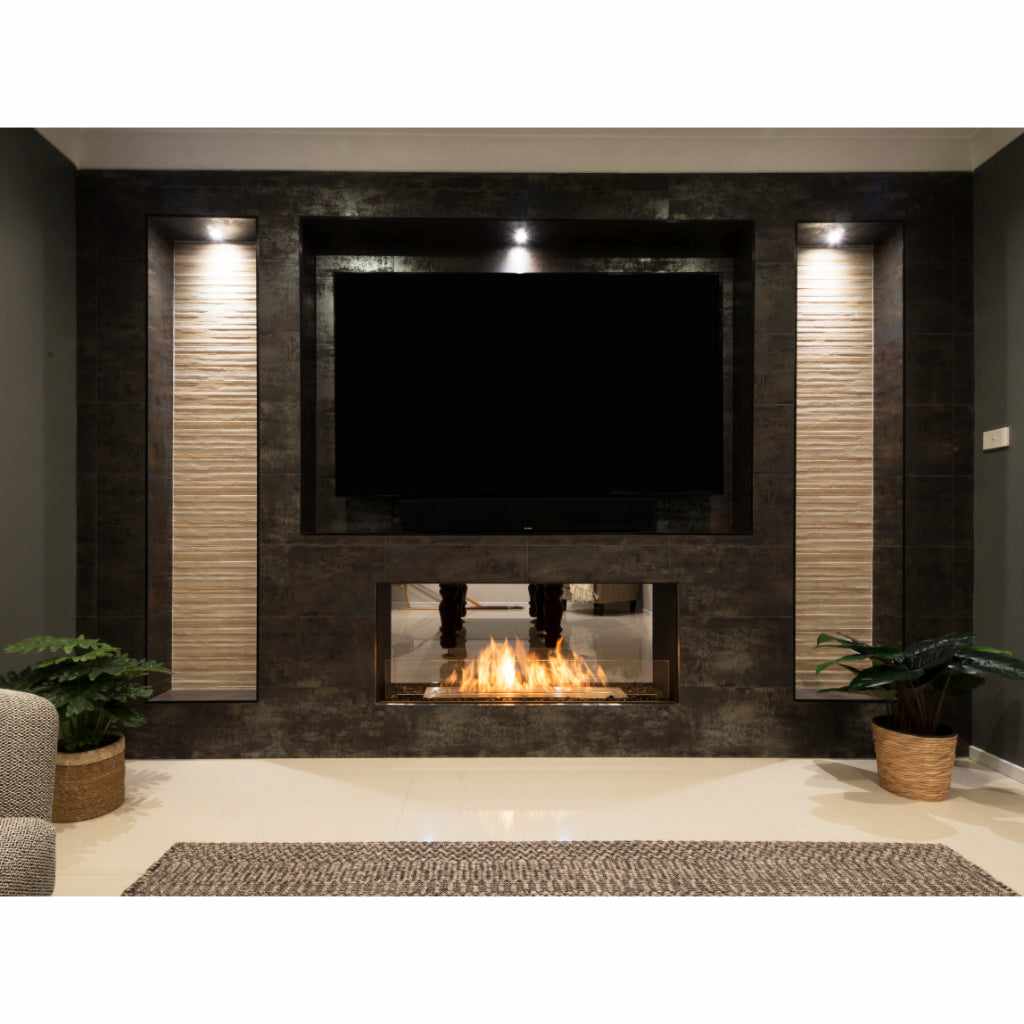 EcoSmart Fire Flex 32 bioethanol fireplace insert set in a dark tiled wall beneath a mounted television.