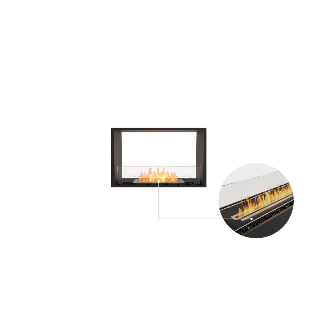 EcoSmart Fire Flex 32 bioethanol fireplace with black frame, glass screen, and a zoomed-in view of the burner flame.