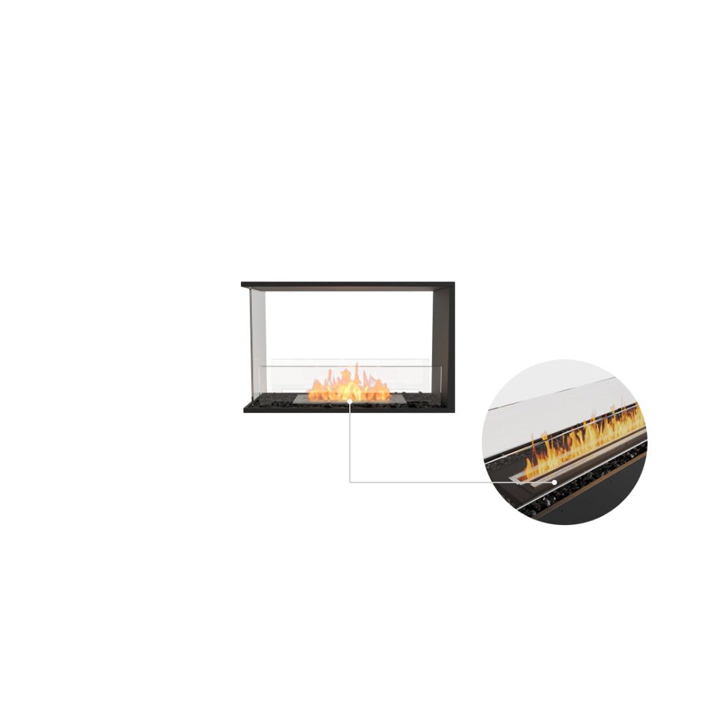 EcoSmart Fire Flex 32 bioethanol fireplace with black frame, glass panels, and a zoomed-in view of the burner flame.