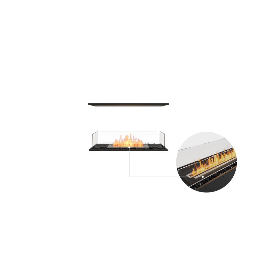 EcoSmart Fire Flex 32 bioethanol fireplace with a black base, glass sides, and a zoomed-in view of the burner flame.