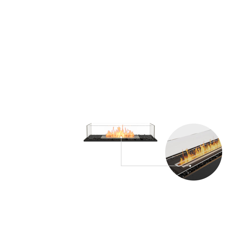 EcoSmart Fire Flex 32 bioethanol fireplace with a glass screen, black base, and a zoomed-in view of the burner flame.