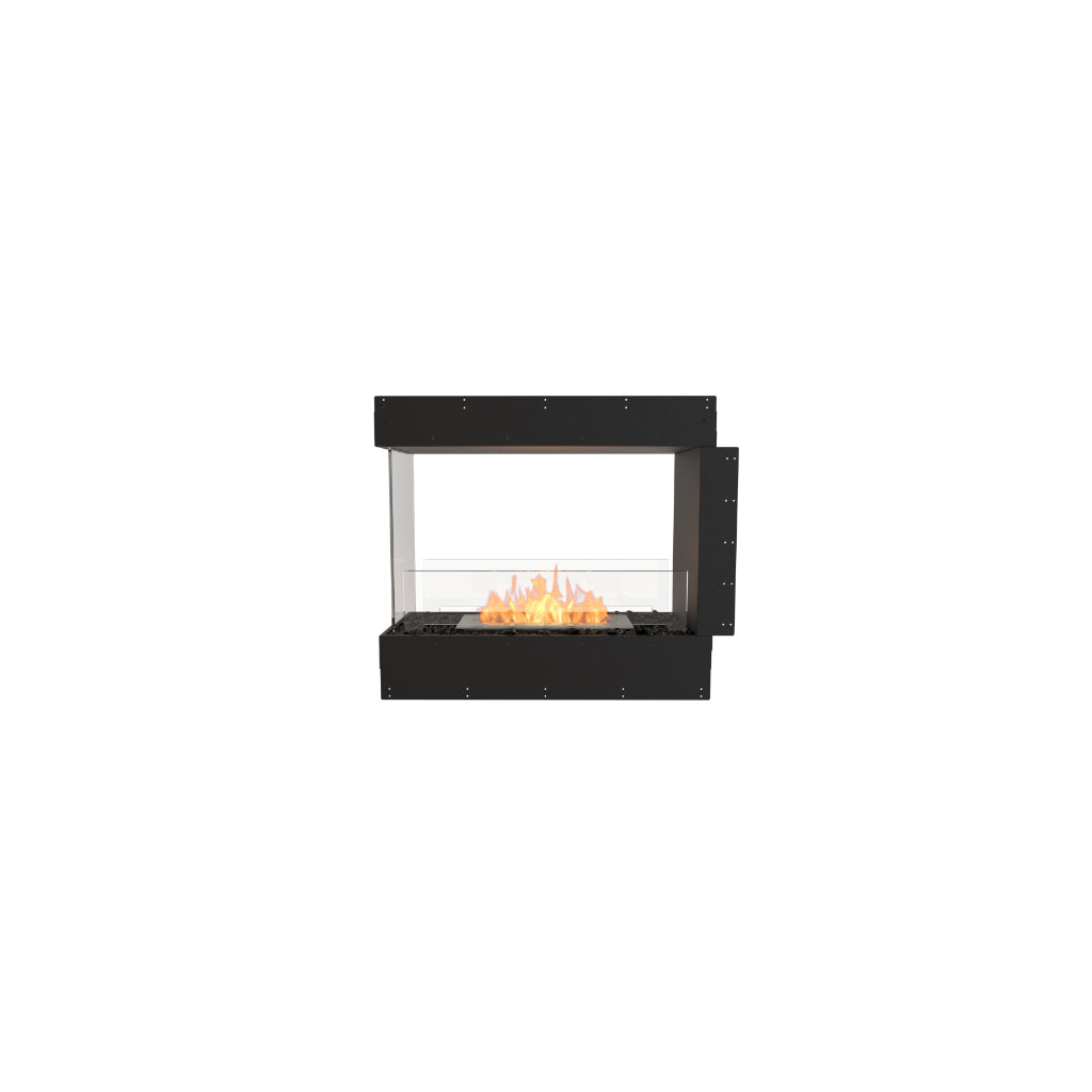 EcoSmart Fire Flex 32 bioethanol fireplace with a black frame, glass side panels, and a central orange flame.