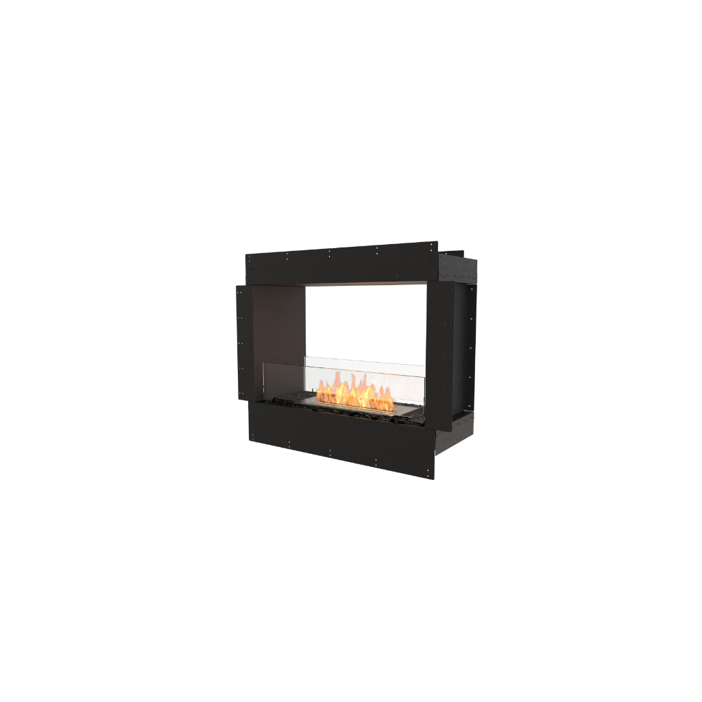 EcoSmart Fire Flex 32 bioethanol fireplace insert with a black metal frame and a glass-enclosed linear flame.
