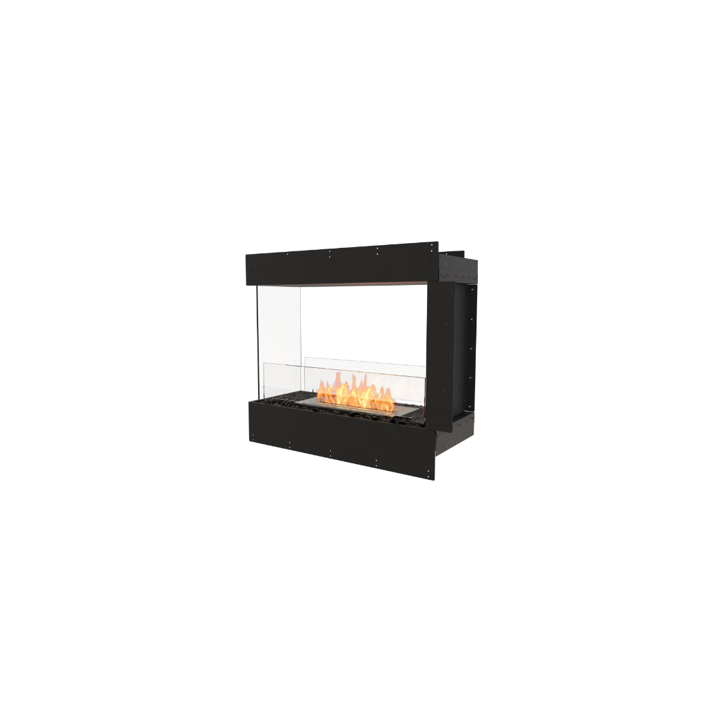EcoSmart Fire Flex 32 bioethanol fireplace with a black frame, glass side panels, and a central flame on black pebbles.