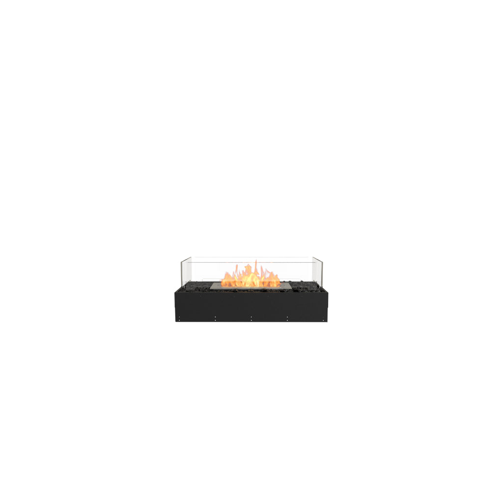 EcoSmart Fire Flex 32 bioethanol fireplace with a black metal base, glass screen, and glowing orange flames.