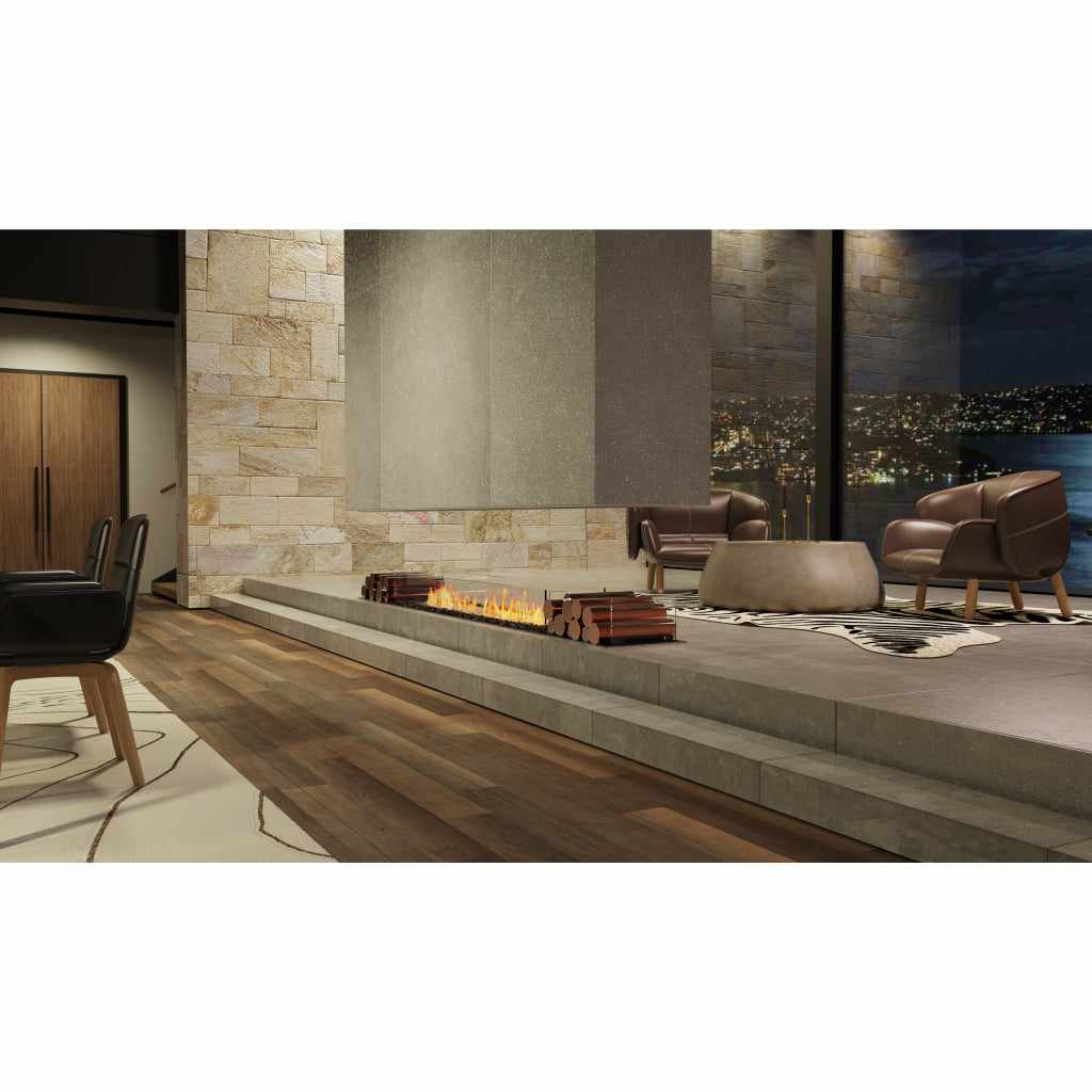 EcoSmart Fire Flex 32 bioethanol fireplace insert with a long, linear flame set into a raised grey stone platform.