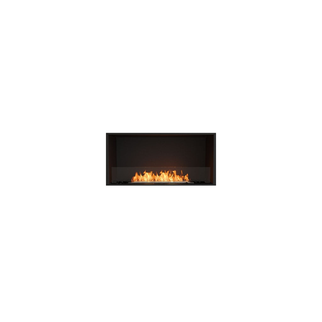 EcoSmart Fire Flex 42 bioethanol fireplace insert with a black frame and a clear glass screen showing orange flames.