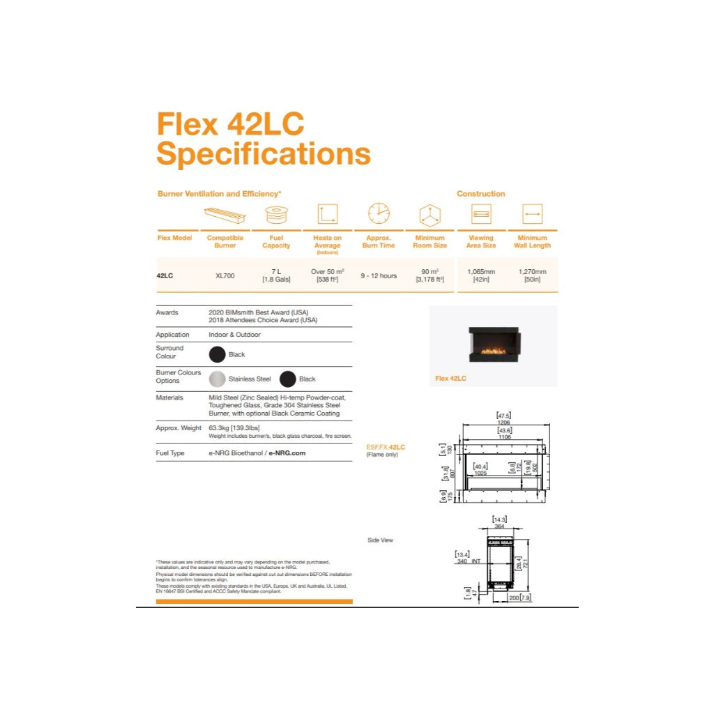 EcoSmart Fire Flex 42 specification sheet showing technical diagrams, dimensions, and product features.