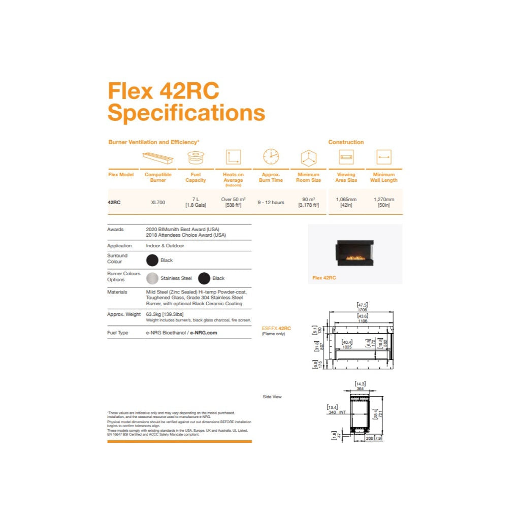 EcoSmart Fire Flex 42 specification sheet with technical diagrams, dimensions, and a small image of the black fireplace.