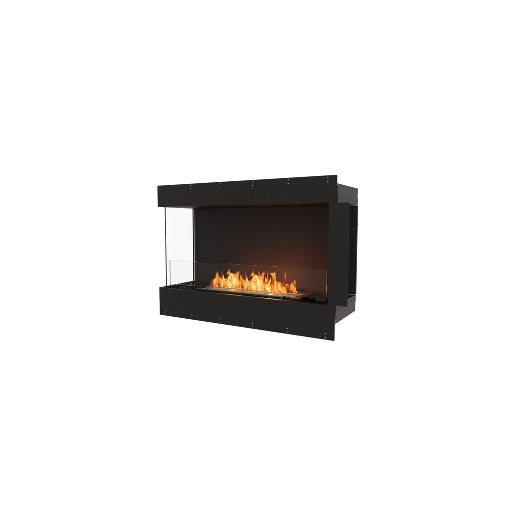 EcoSmart Fire Flex 42 bioethanol fireplace with a black frame, glass side panels, and a glowing orange flame.