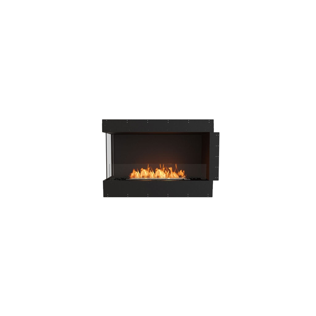EcoSmart Fire Flex 42 bioethanol fireplace with a black frame, glass side panel, and visible orange flames.