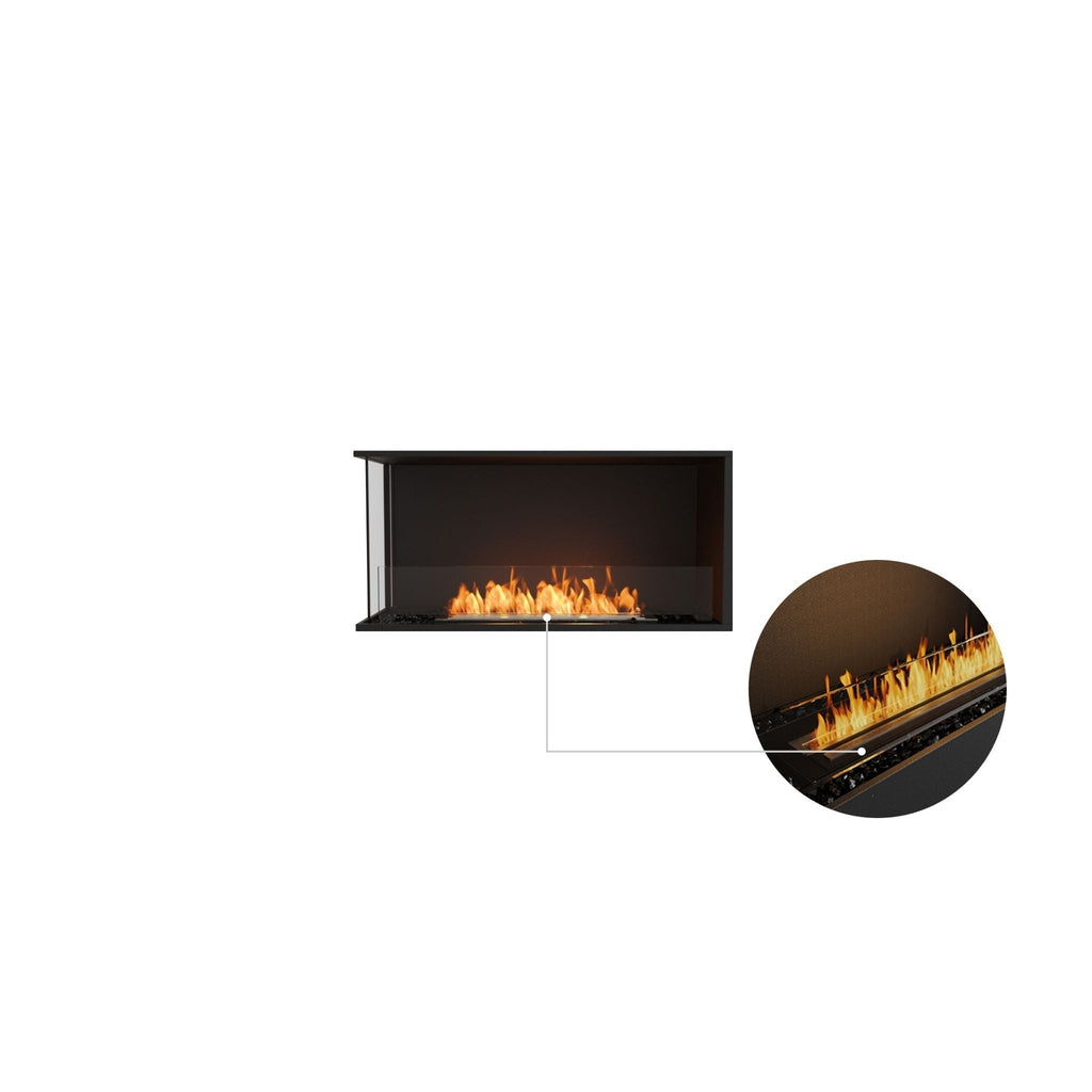EcoSmart Fire Flex 42 bioethanol fireplace with a black frame, glass screen, and a close-up of the burning flame.