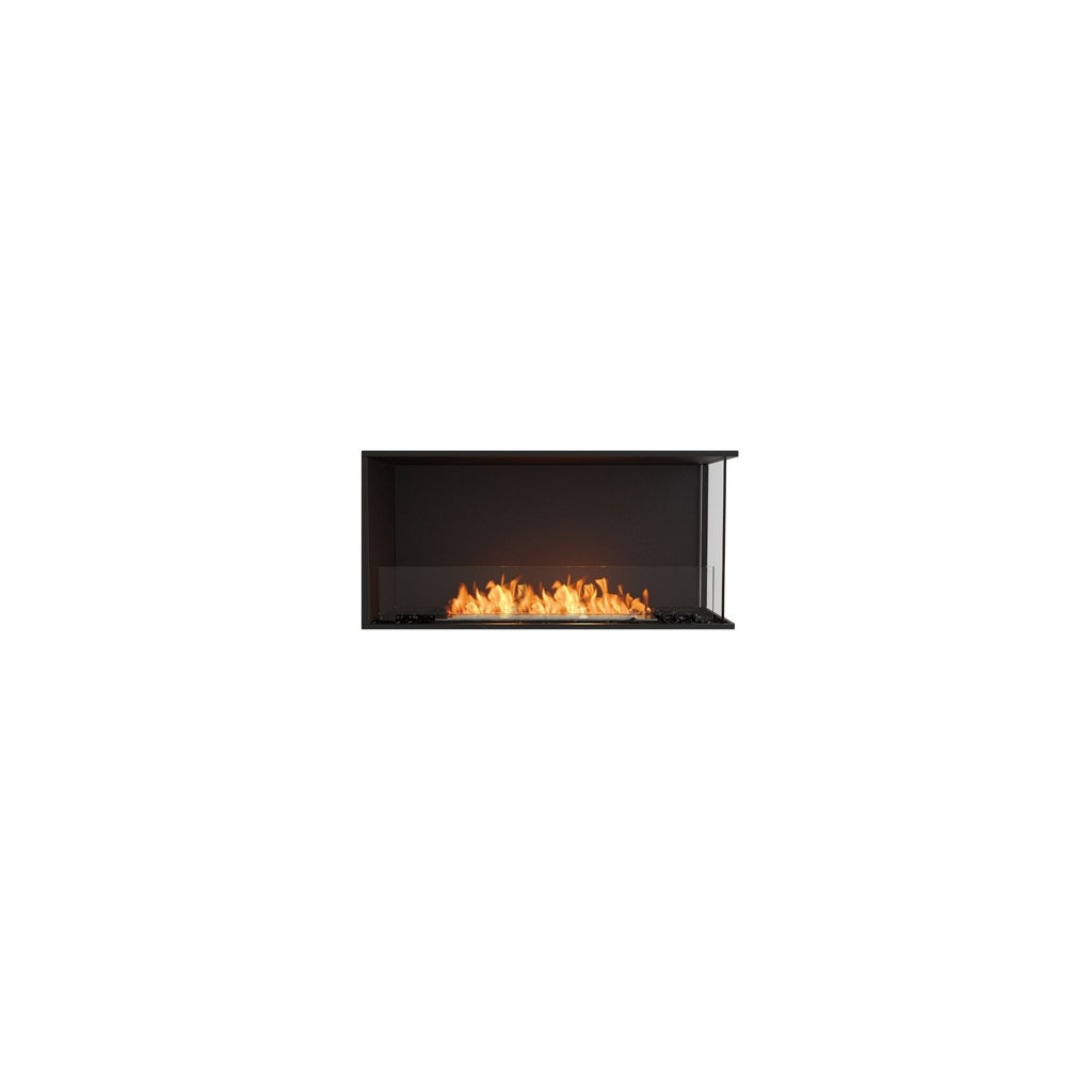 EcoSmart Fire Flex 42 bioethanol fireplace with a black frame, glass screen, and visible orange flames.